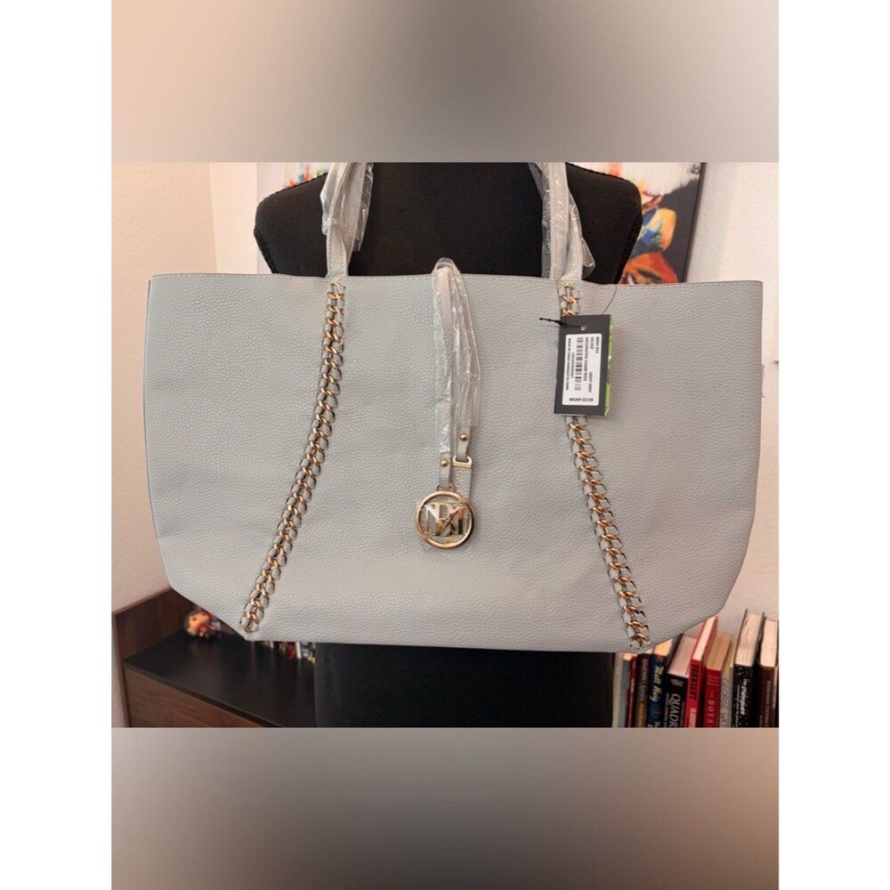 Nicole Miller Light Gray Tote with Gold Chain Trim
